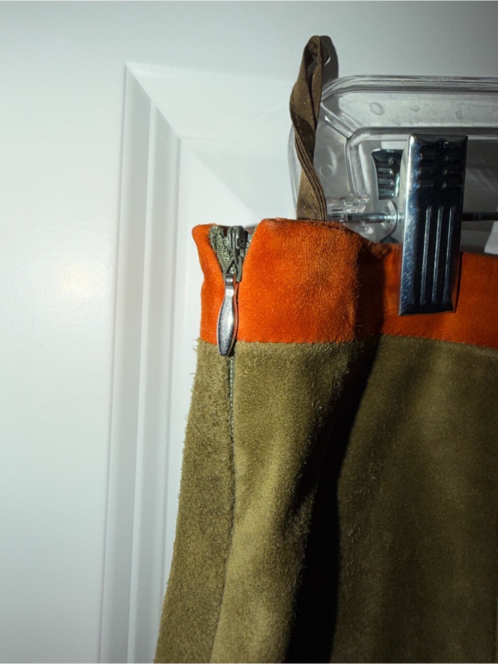 Prada Olive Green Suede A-Line Skirt with Orange Trim - Picture 4 of 5